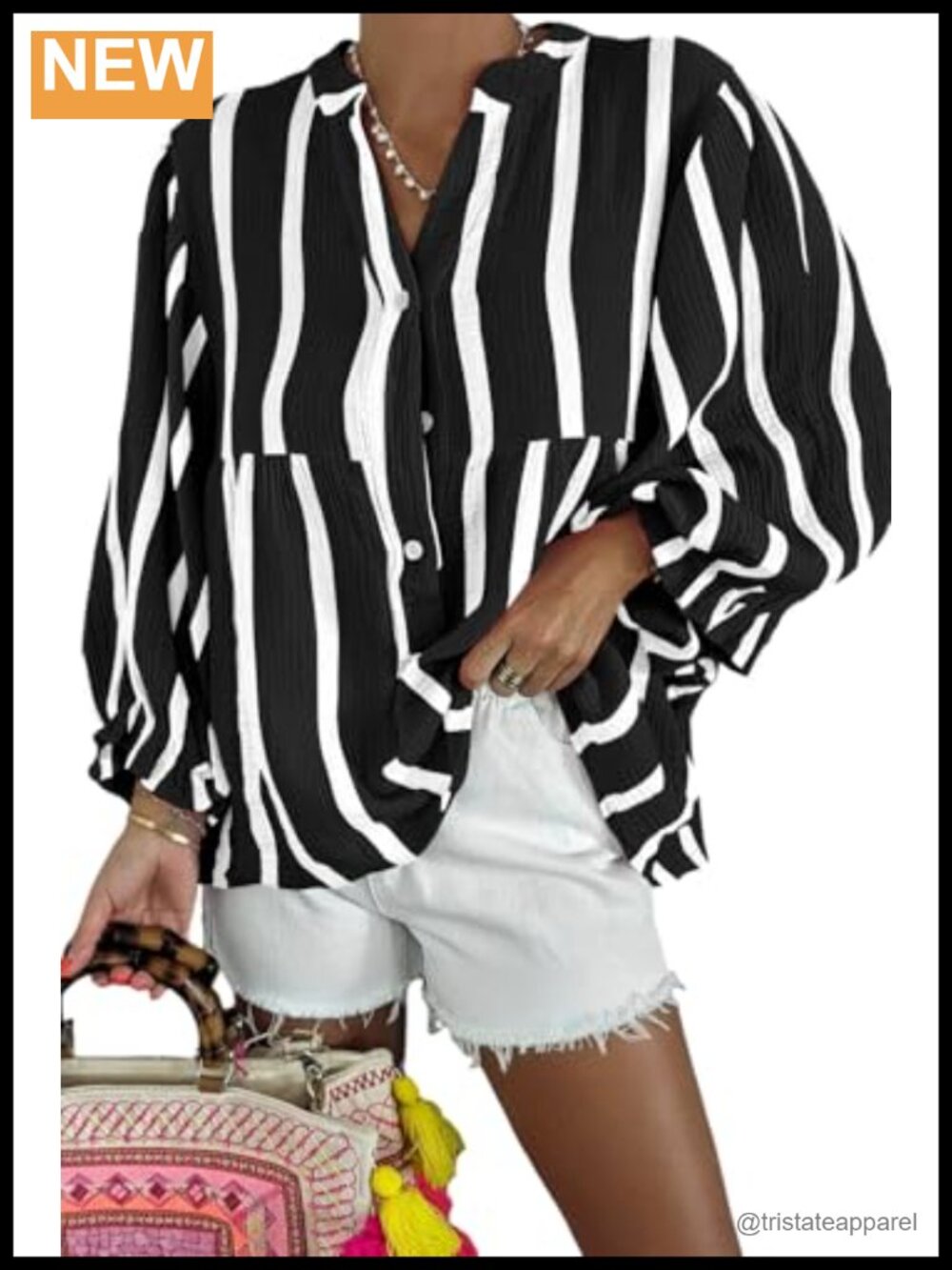 Striped Puff Sleeve Babydoll Blouse Cotton 3/4 Sleeve V-Neck Flowy